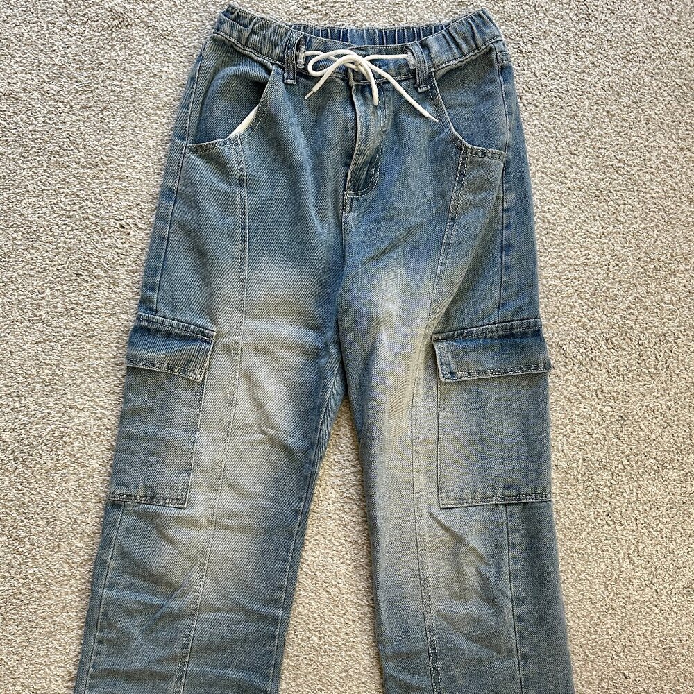YESSTYLE Wide Leg Cargo Jeans w/Drawstring - Size S (Korean size)